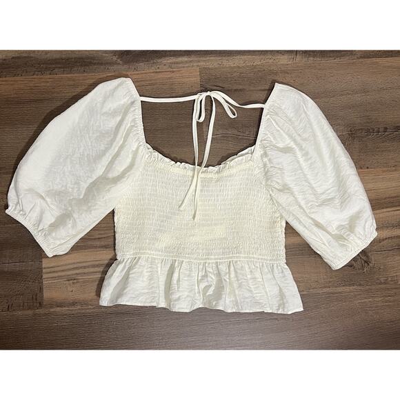 Mustard Seed Blouse Women’s Sz Small Smocked White Puff Sleeve Crop Top Tie NWT - Picture 3 of 7